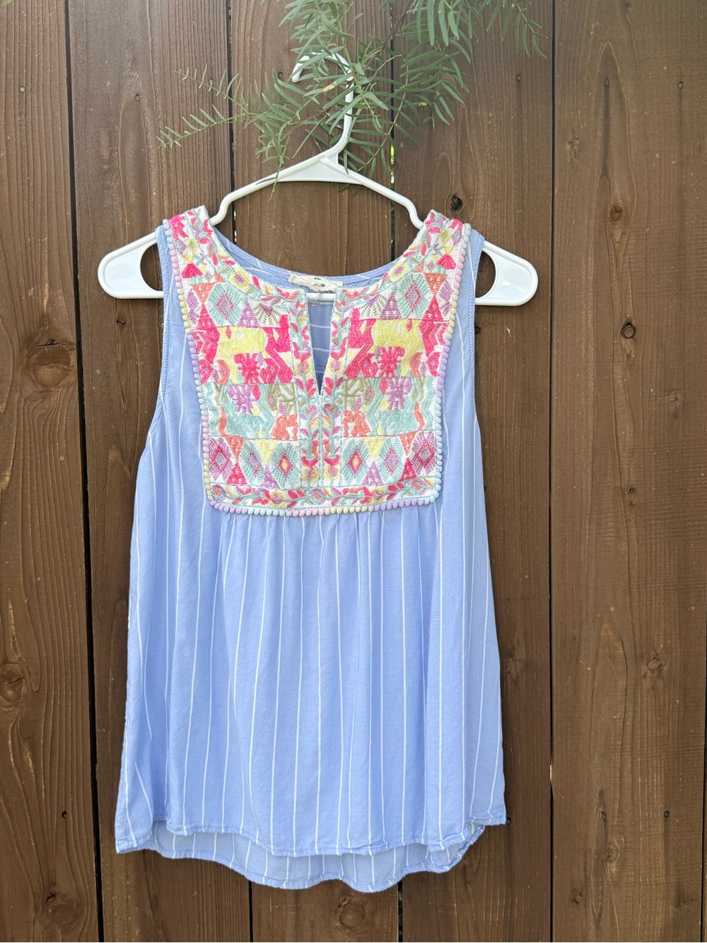 entro Light Blue Sleeveless Blouse with Colorful Embroidered Yoke
